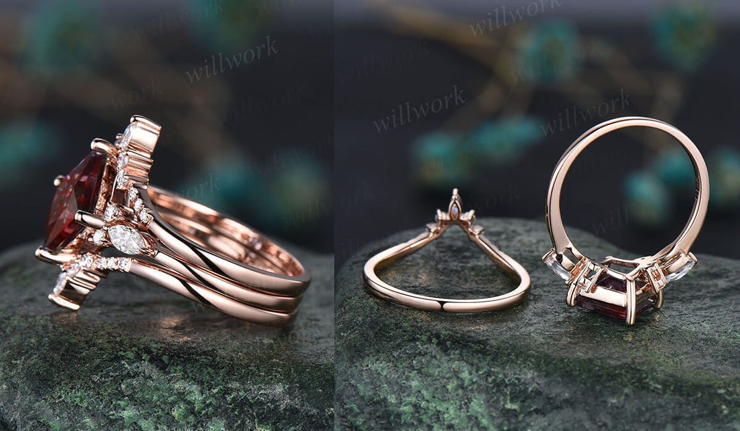 Princess cut garnet ring vintage red garnet engagement ring set rose gold marquise unique engagement ring for women moissanite promise ring