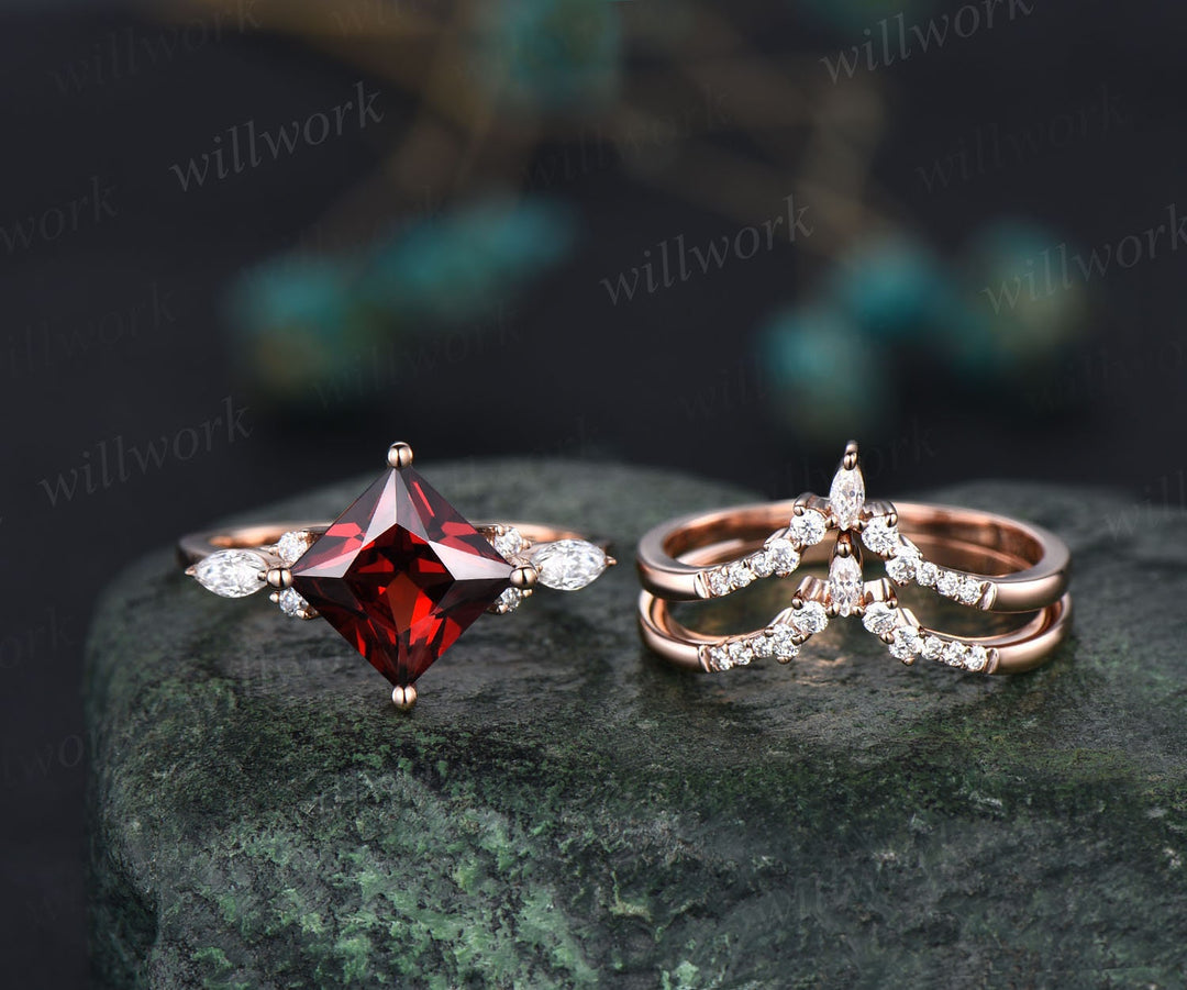 Princess cut garnet ring vintage red garnet engagement ring set rose gold marquise unique engagement ring for women moissanite promise ring