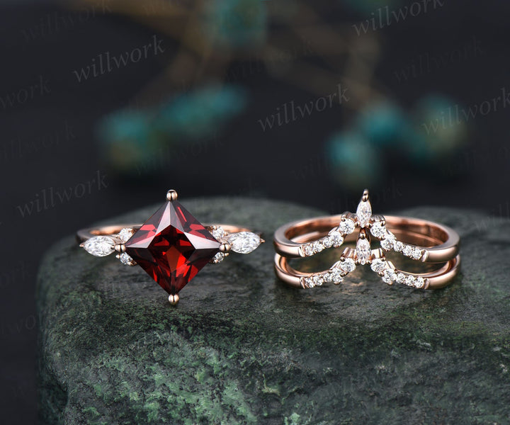 Princess cut garnet ring vintage red garnet engagement ring set rose gold marquise unique engagement ring for women moissanite promise ring