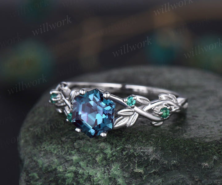 2ct Alexandrite ring vintage hexagon cut Alexandrite engagement ring rose gold leaf emerald ring silver June birthstone ring promise ring