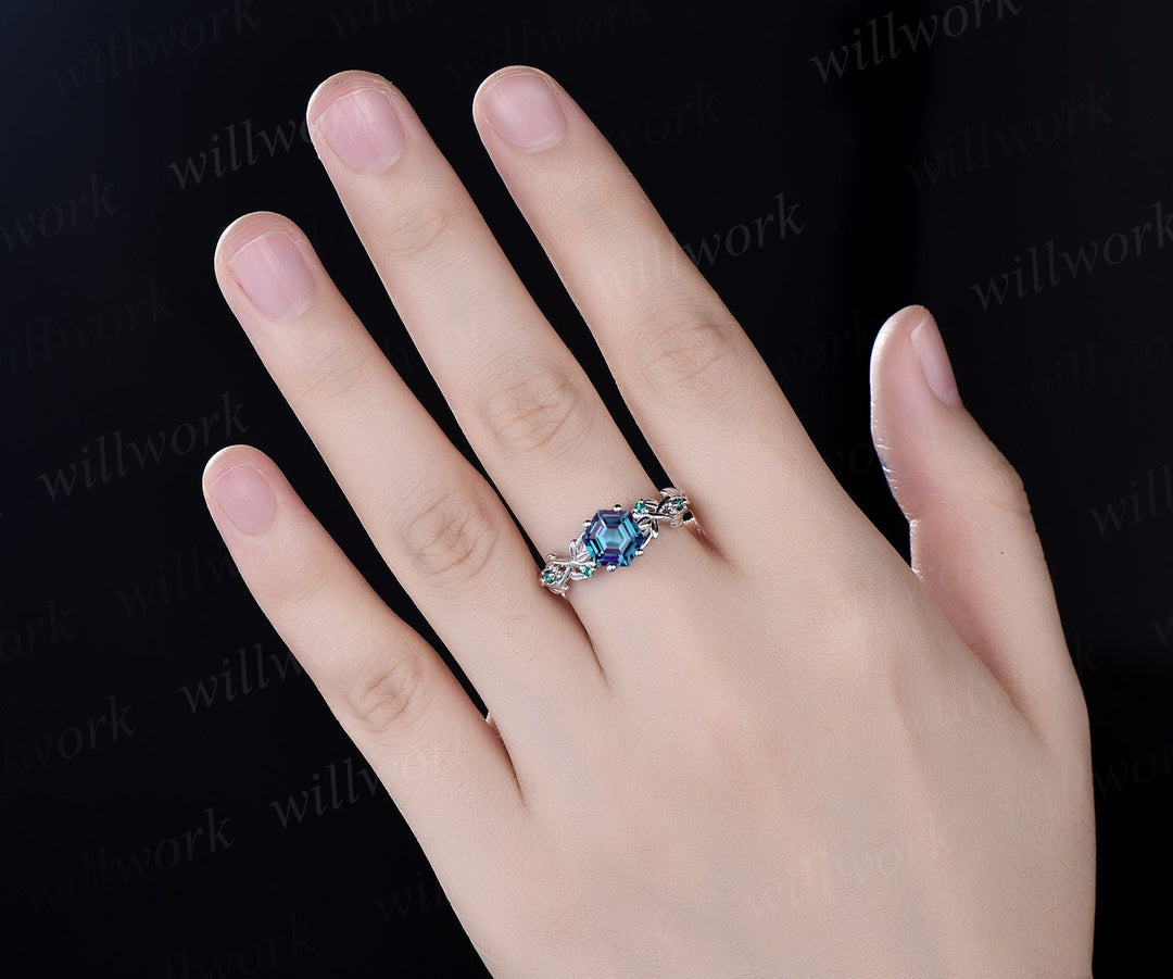 2ct Alexandrite ring vintage hexagon cut Alexandrite engagement ring rose gold leaf emerald ring silver June birthstone ring promise ring