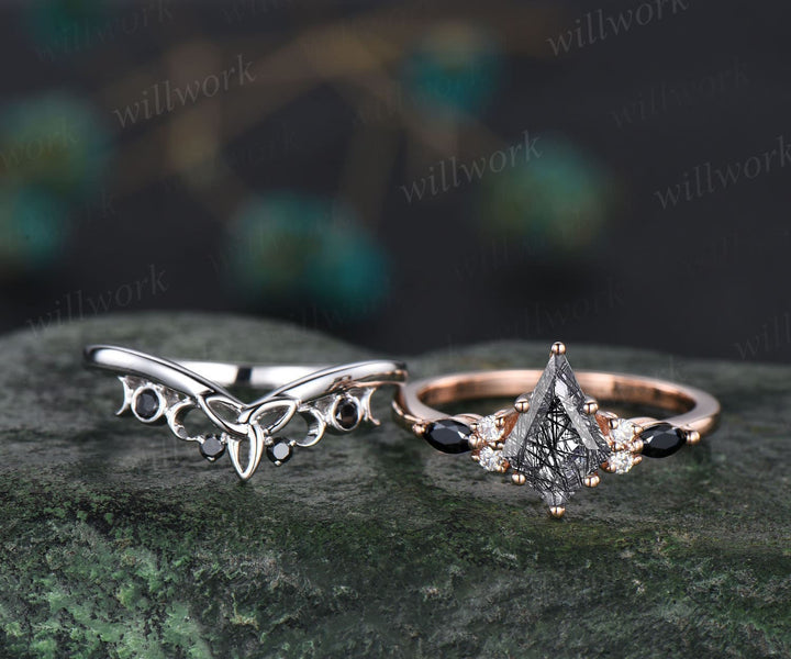 kite cut black rutilated quartz ring unique engagement ring set rose gold vintage moissanite ring women black diamond wedding ring set