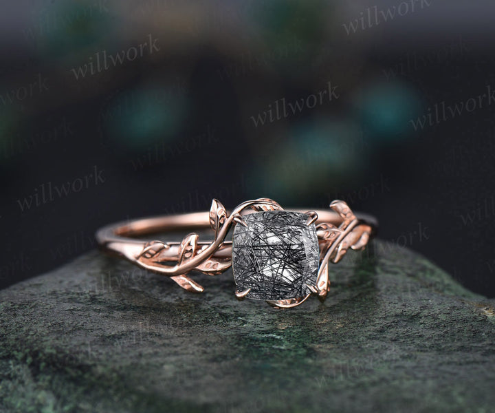 Cushion cut black rutilated quartz ring vintage unique nature inspired engagement ring leaf 14k rose gold art deco bridal wedding ring women