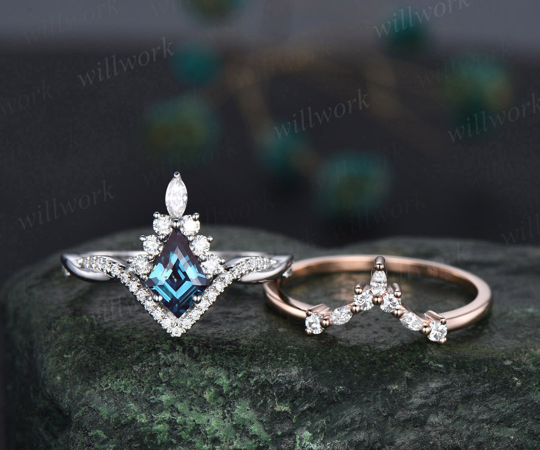 Vintage kite cut alexandrite ring white gold halo unique engagement ring set art deco curved twisted diamond promise wedding ring set women