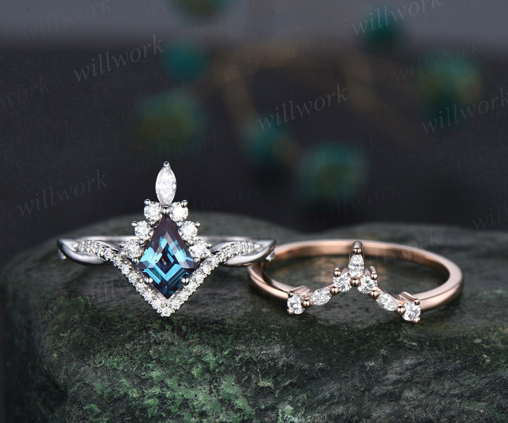 Vintage kite cut alexandrite ring white gold halo unique engagement ring set art deco curved twisted diamond promise wedding ring set women