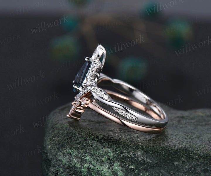 Vintage kite cut alexandrite ring white gold halo unique engagement ring set art deco curved twisted diamond promise wedding ring set women