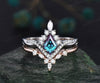 Vintage kite cut alexandrite ring white gold halo unique engagement ring set art deco curved twisted diamond promise wedding ring set women