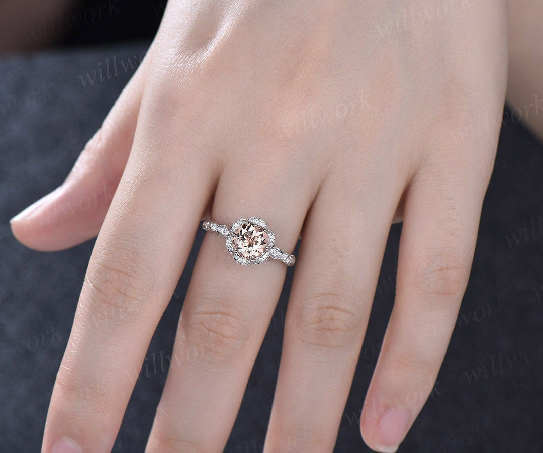 Vintage round cut morganite engagement ring  14k rose gold double under halo diamond ring half eternity art deco unique wedding ring women