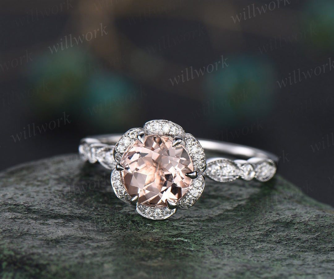 Vintage round cut morganite engagement ring  14k rose gold double under halo diamond ring half eternity art deco unique wedding ring women
