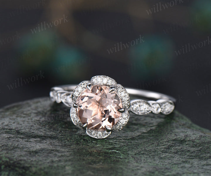 Vintage round cut morganite engagement ring  14k rose gold double under halo diamond ring half eternity art deco unique wedding ring women