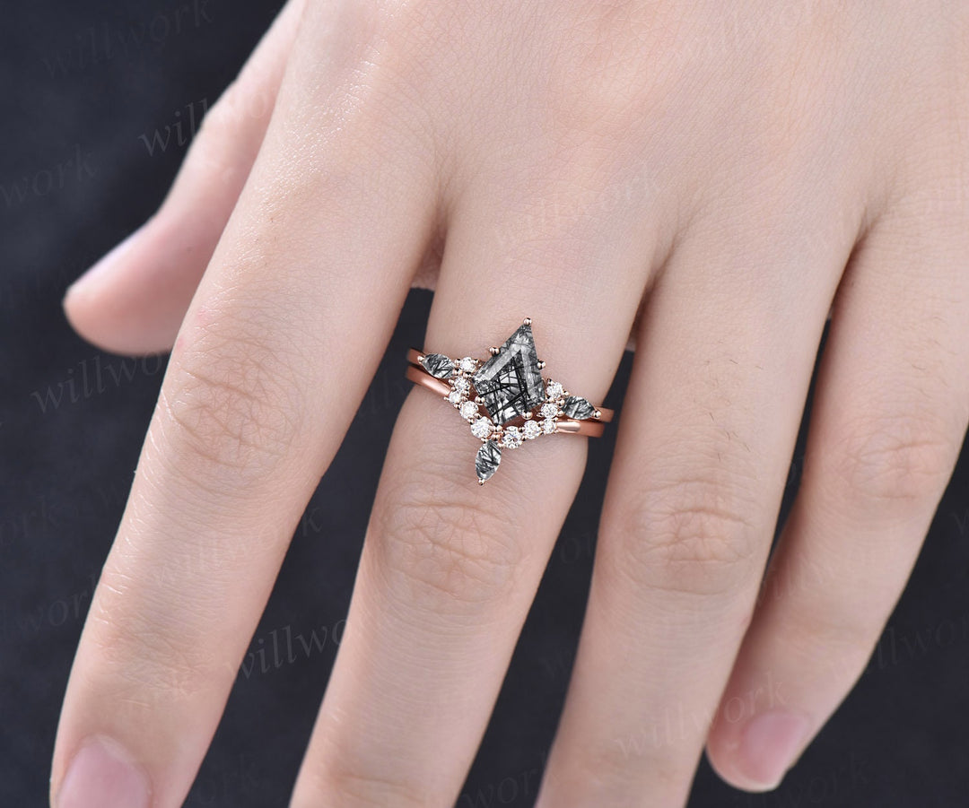 Vintage kite cut black rutilated quartz engagement ring set marquise cut ring 14k rose gold unique diamond promise wedding ring set women