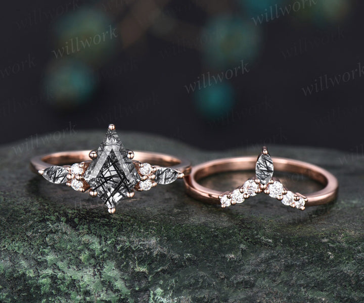 Vintage kite cut black rutilated quartz engagement ring set marquise cut ring 14k rose gold unique diamond promise wedding ring set women