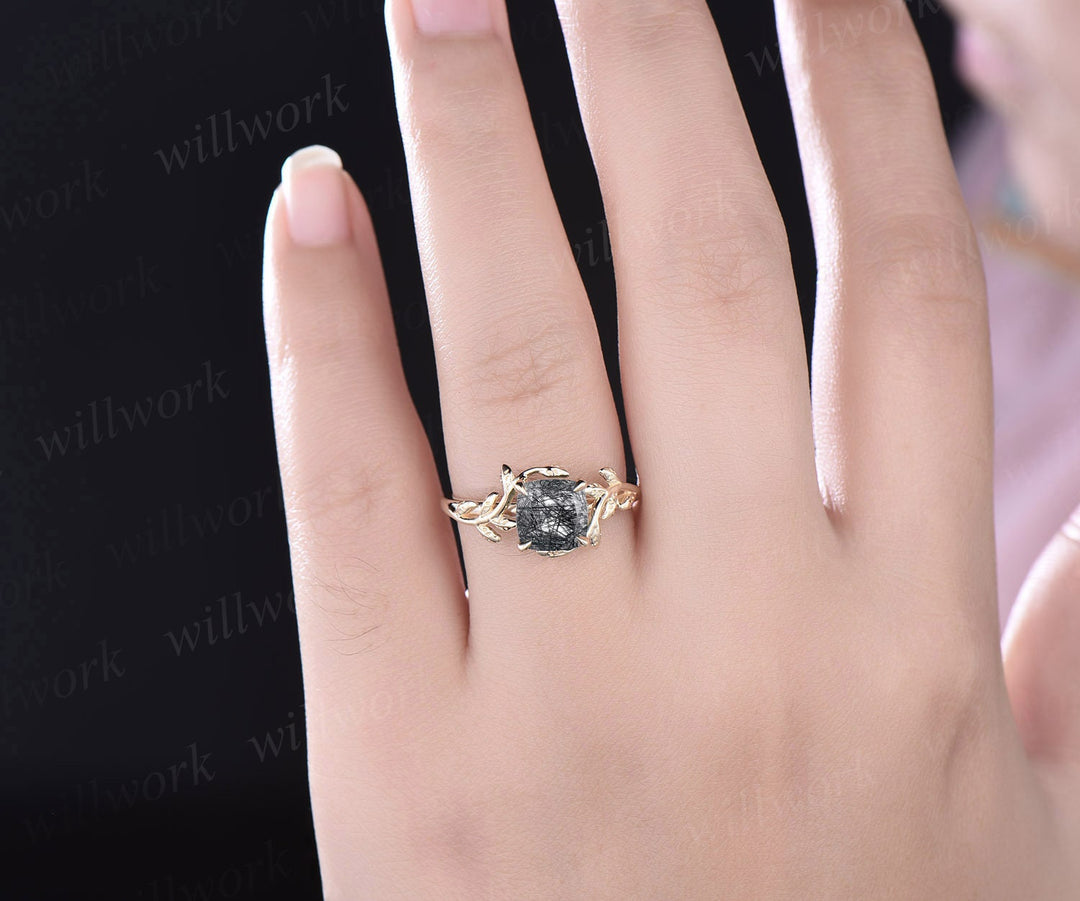 Cushion cut black rutilated quartz ring vintage unique nature inspired engagement ring leaf 14k rose gold art deco bridal wedding ring women