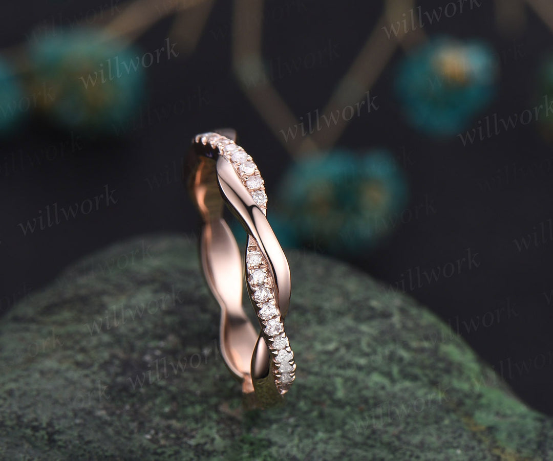 Vintage full eternity twisted diamond wedding band solid 14k rose gold stacking matching wedding ring band anniversary gift jewelry