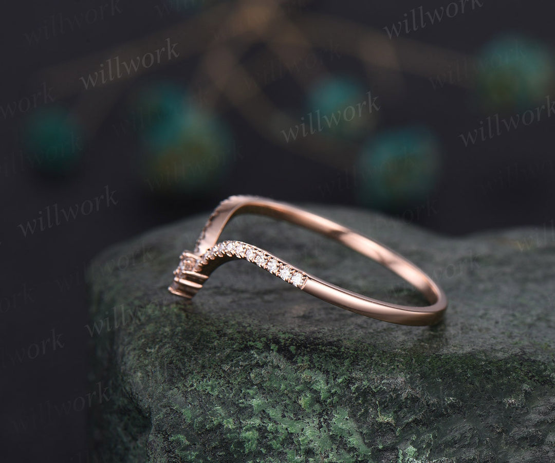 Unique Curved V shaped diamond wedding band solid 14k rose gold stacking half eternity moissanite wedding ring band anniversary ring women