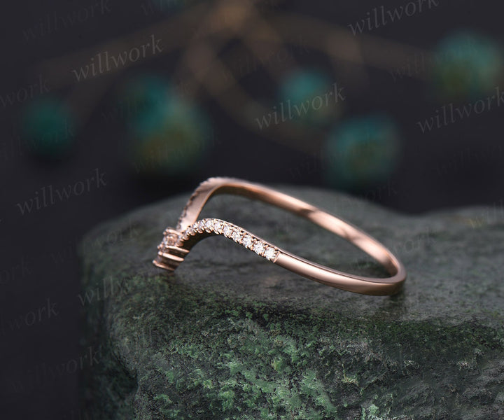 Unique Curved V shaped diamond wedding band solid 14k rose gold stacking half eternity moissanite wedding ring band anniversary ring women
