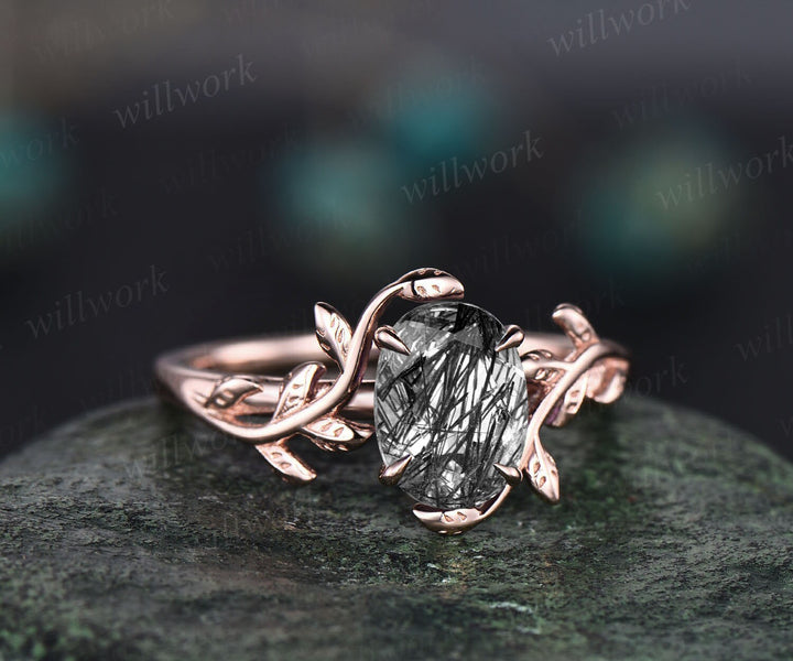 Oval cut black Rutilated Quartz ring nature inspired engagement ring leaf 14k rose gold silver solitaire ring vintage wedding ring women