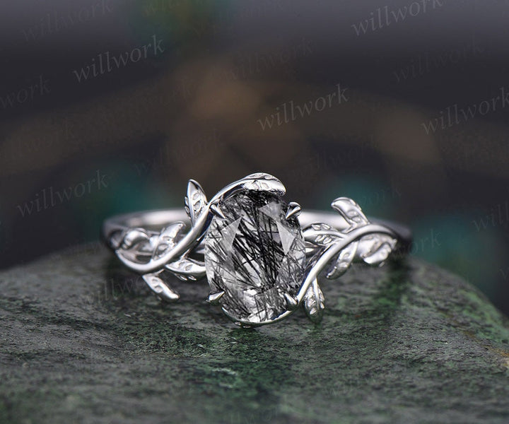 Oval cut black Rutilated Quartz ring nature inspired engagement ring leaf 14k rose gold silver solitaire ring vintage wedding ring women