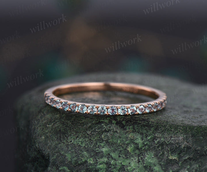 Half eternity Alexandrite wedding band 14k rose gold June birthstone ring dainty ring Alexandrite for women anniversary ring band gift
