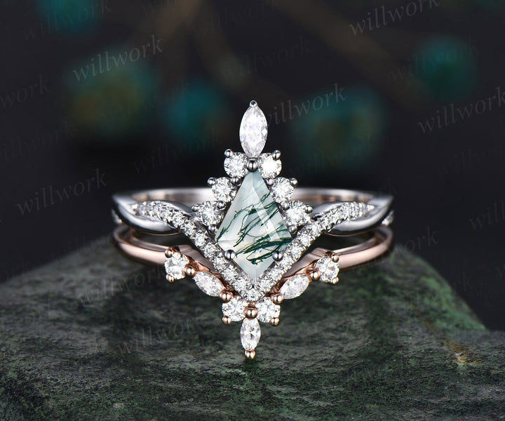 Vintage kite cut green moss agate ring gold halo unique engagement ring set art deco curved twisted diamond promise wedding ring set women