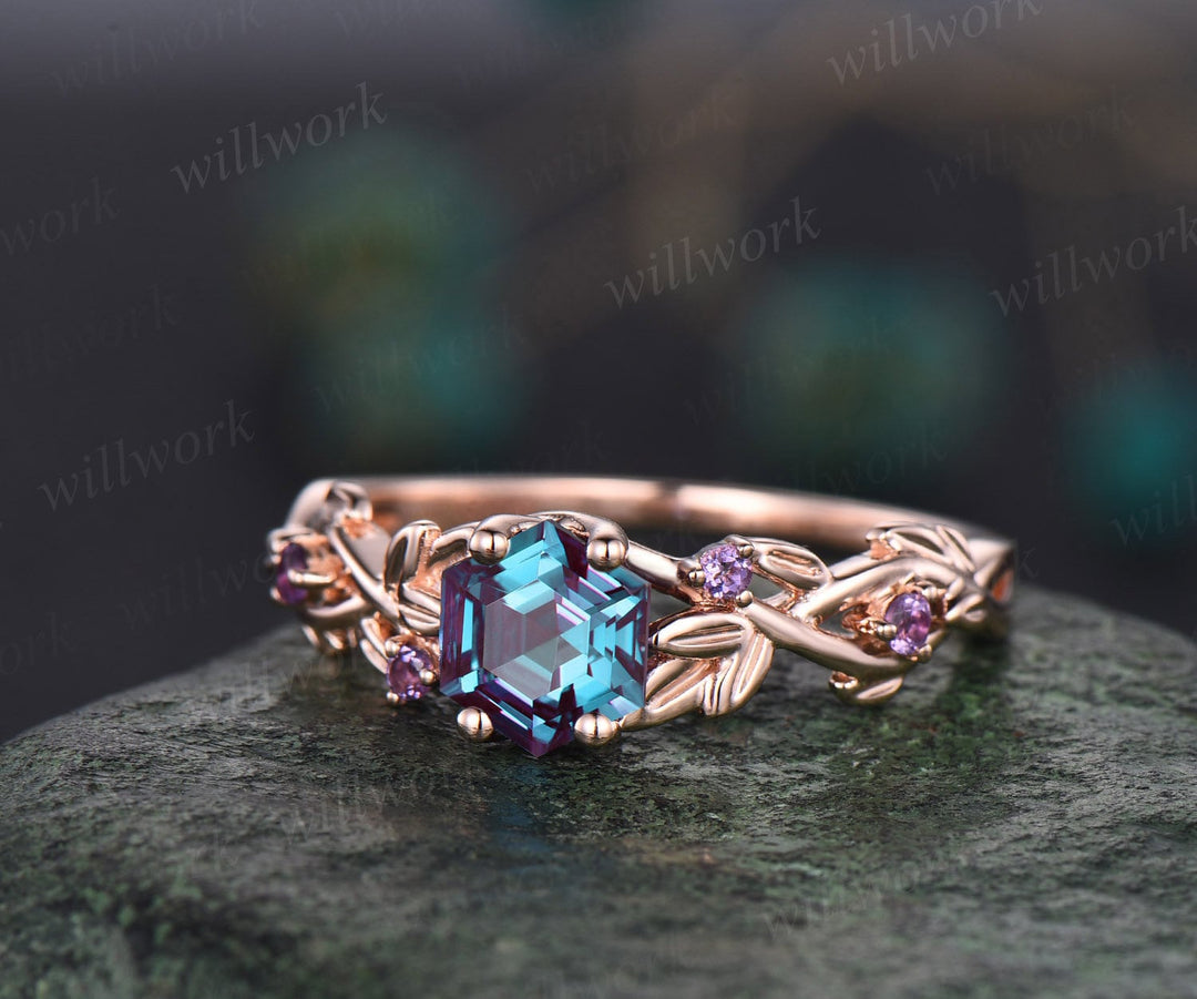 Alexandrite ring vintage hexagon cut Alexandrite engagement ring white gold leaf amethyst ring silver June birthstone ring anniversary ring