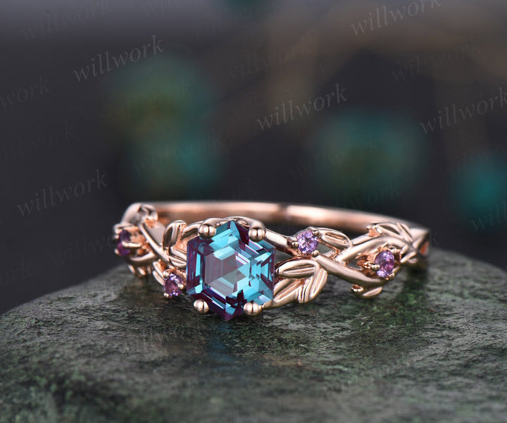 Alexandrite ring vintage hexagon cut Alexandrite engagement ring white gold leaf amethyst ring silver June birthstone ring anniversary ring