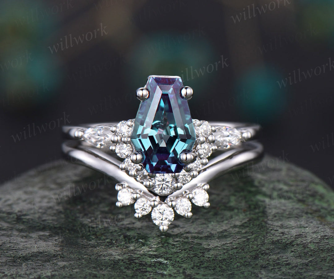 Coffin shaped Alexandrite ring unique engagement ring rose gold marquise cut diamond ring for women stacking promise wedding ring set gifts