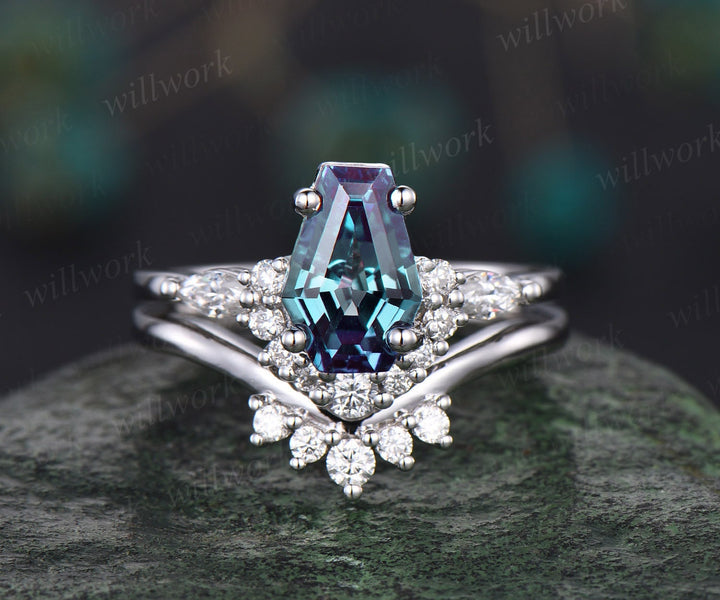 Coffin shaped Alexandrite ring unique engagement ring rose gold marquise cut diamond ring for women stacking promise wedding ring set gifts