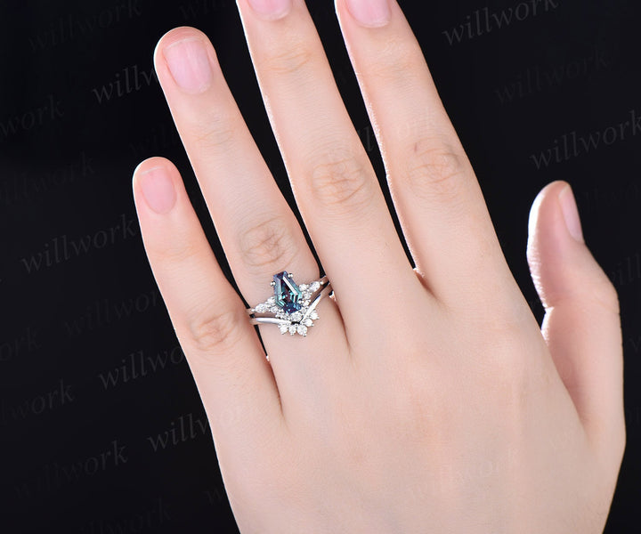 Coffin shaped Alexandrite ring unique engagement ring rose gold marquise cut diamond ring for women stacking promise wedding ring set gifts