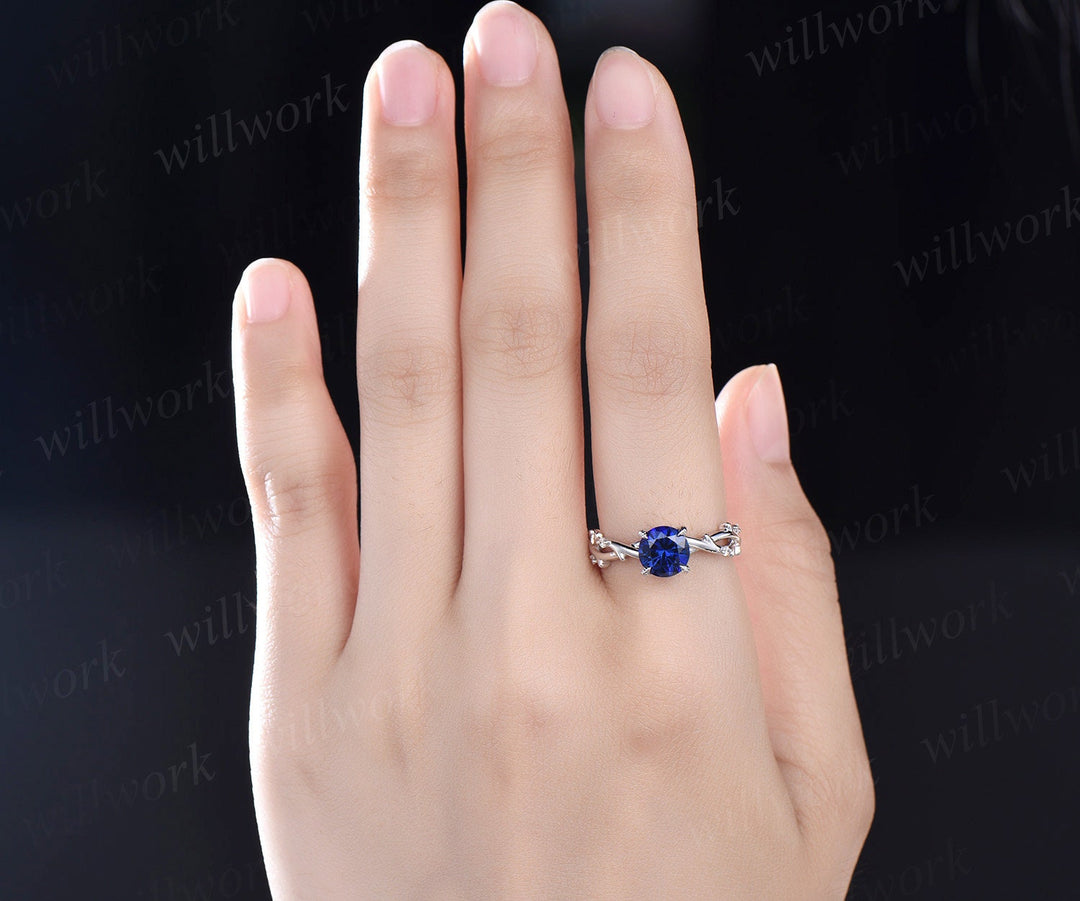 Round cut blue sapphire ring white gold vintage leaf unique engagement ring five stone infinity twisted diamond bridal wedding ring women