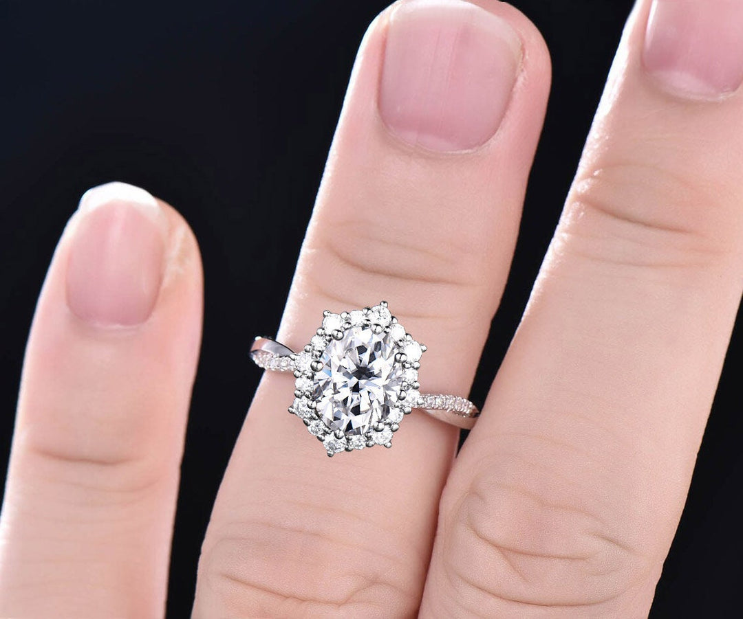 2ct oval cut Moissanite ring rose gold vintage unique engagement ring halo twisted snowdrift diamond bridal promise wedding ring for women