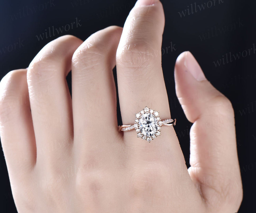 2ct oval cut Moissanite ring rose gold vintage unique engagement ring halo twisted snowdrift diamond bridal promise wedding ring for women