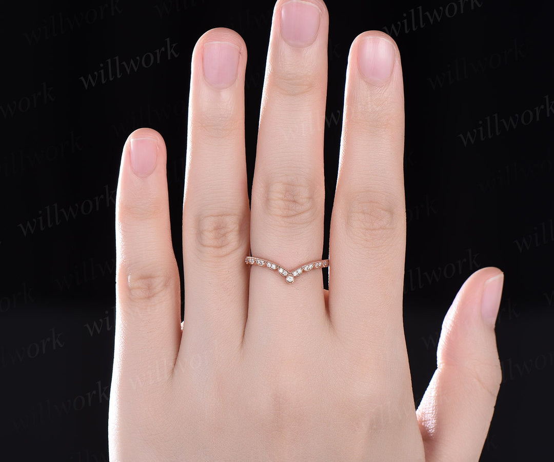 Milgrain diamond wedding band 14k rose gold vintage unique half eternity curved V shaped moissanite wedding ring band anniversary ring gift