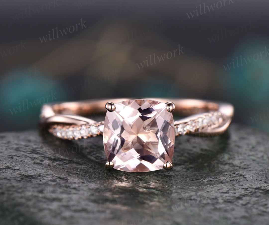 Unique cushion cut morganite engagement ring for women solid 14k rose gold eternity twisted diamond anniversary wedding ring fine jewelry