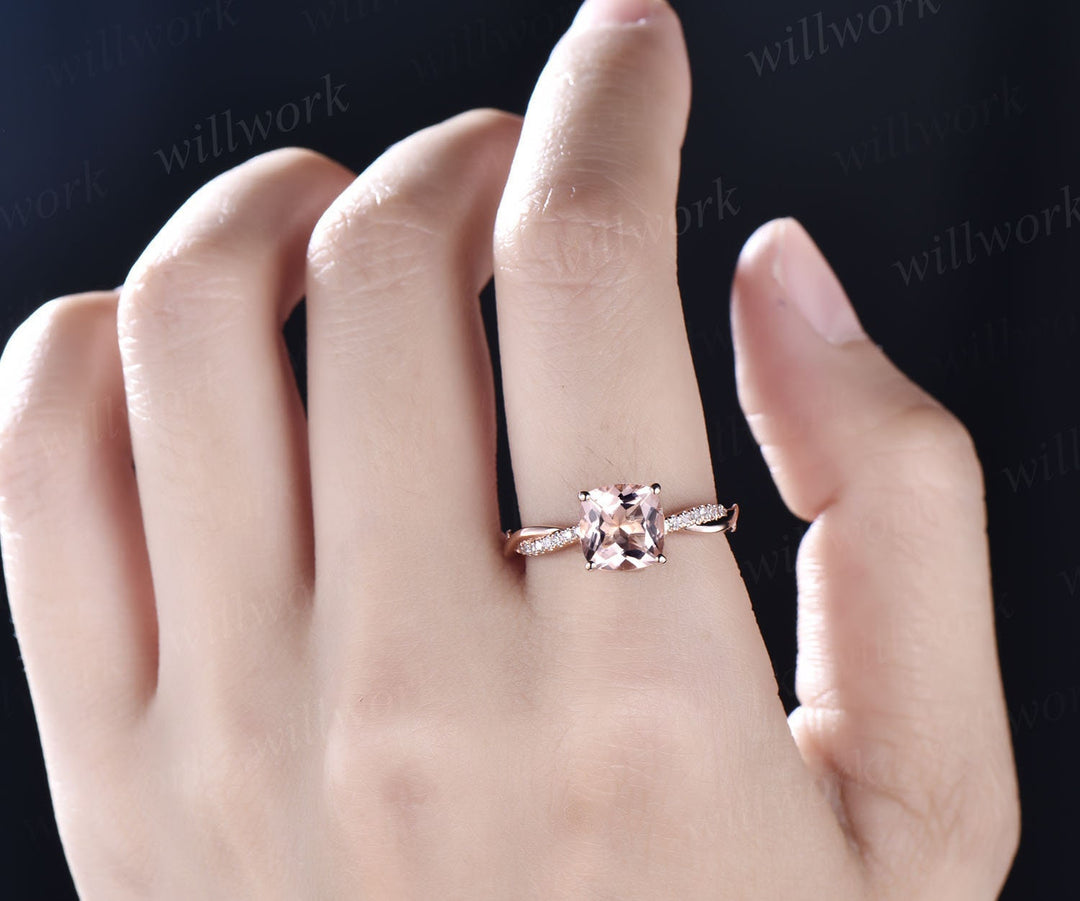 Unique cushion cut morganite engagement ring for women solid 14k rose gold eternity twisted diamond anniversary wedding ring fine jewelry
