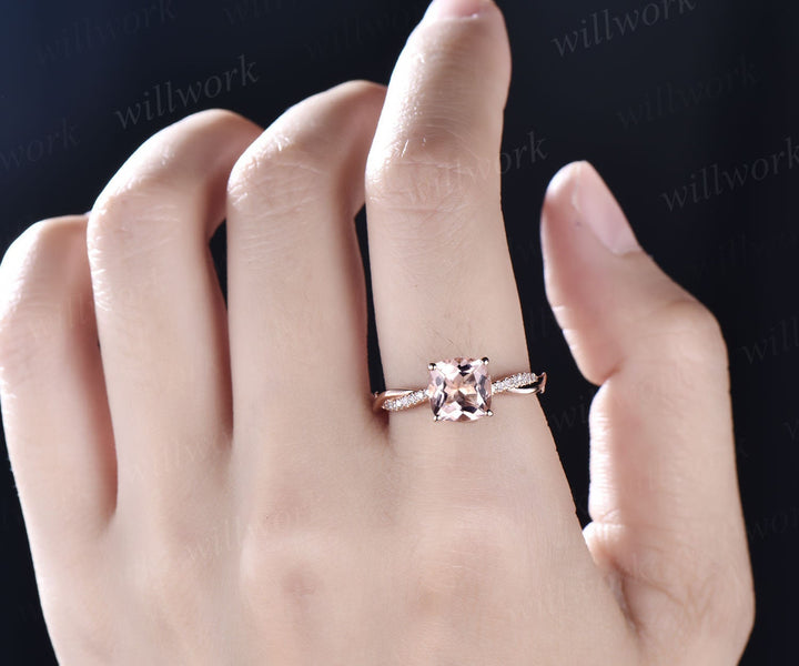 Unique cushion cut morganite engagement ring for women solid 14k rose gold eternity twisted diamond anniversary wedding ring fine jewelry