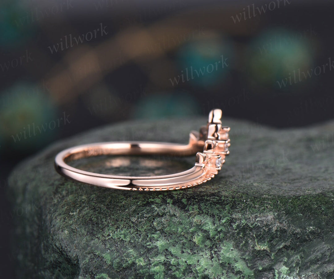 Vintage Milgrain diamond wedding band solid 14k rose gold five stone curved moissanite wedding ring band dainty anniversary ring women gift