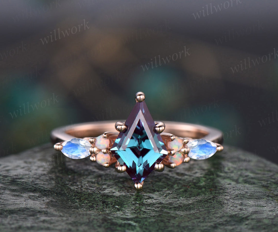 Vintage kite cut Alexandrite engagement ring set 14k rose gold marquise moonstone ring dainty opal ring unique bridal wedding ring set women
