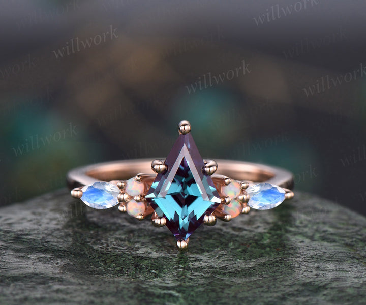 Vintage kite cut Alexandrite engagement ring set 14k rose gold marquise moonstone ring dainty opal ring unique bridal wedding ring set women