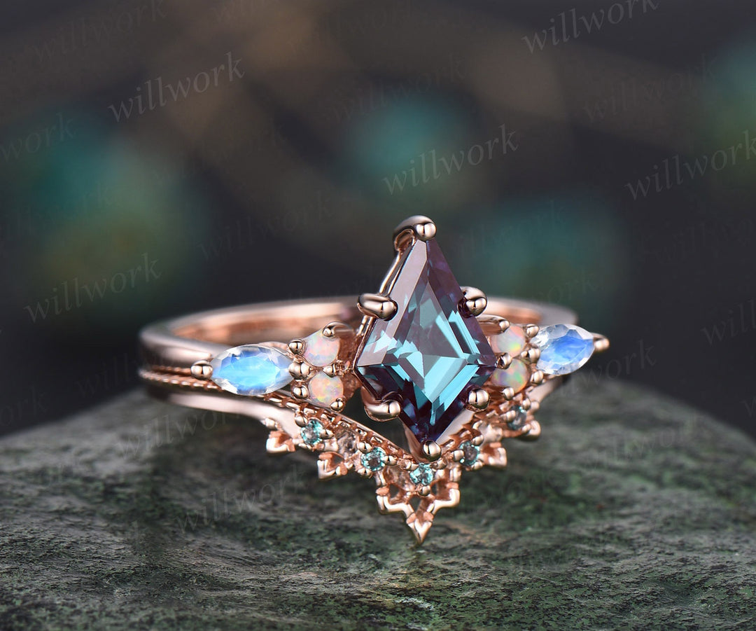 Vintage kite cut Alexandrite engagement ring set 14k rose gold marquise moonstone ring dainty opal ring unique bridal wedding ring set women