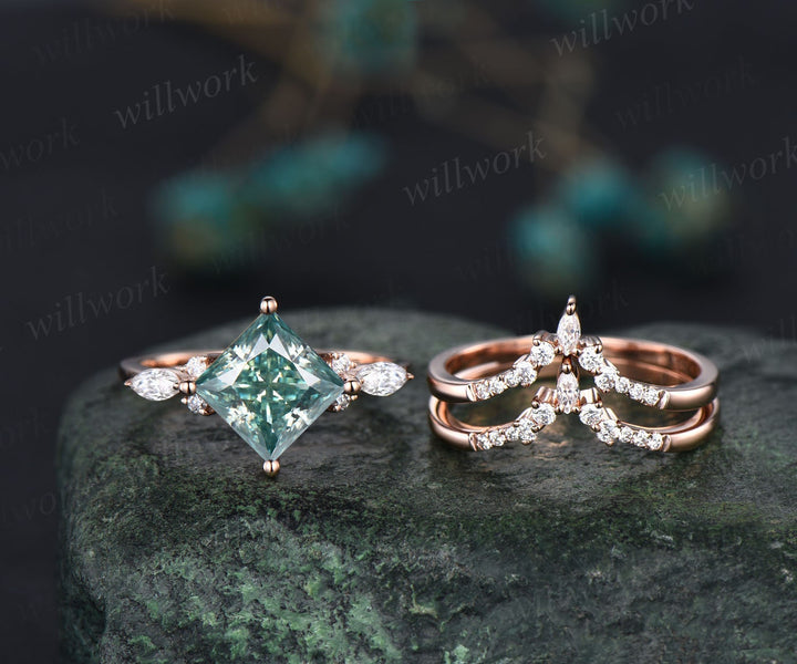 Princess cut green moissanite engagement ring set rose gold vintage unique engagement ring women marquise cut moissanite promise ring set