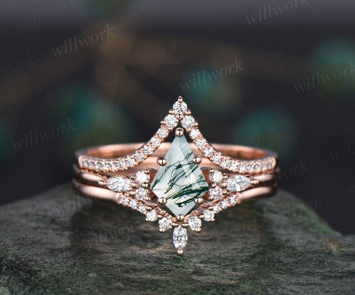 3pcs kite cut moss agate engagement ring set 14k rose gold art deco unique wedding bridal ring set moissanite ring for women fine jewelry