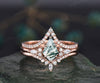 3pcs kite cut moss agate engagement ring set 14k rose gold art deco unique wedding bridal ring set moissanite ring for women fine jewelry