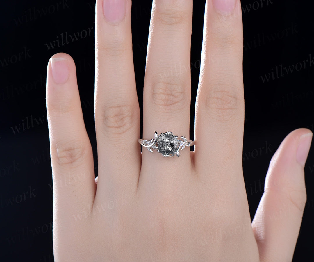 Cushion cut black rutilated quartz ring vintage unique nature inspired engagement ring leaf 14k rose gold art deco bridal wedding ring women