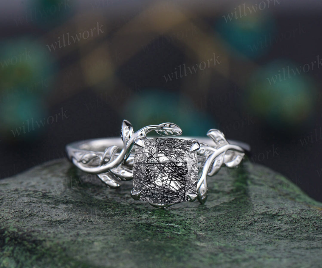 Cushion cut black rutilated quartz ring vintage unique nature inspired engagement ring leaf 14k rose gold art deco bridal wedding ring women