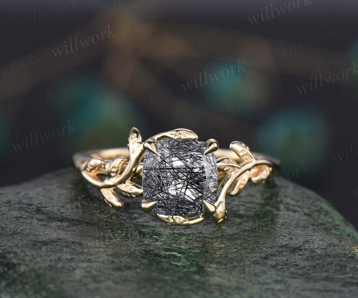 Cushion cut black rutilated quartz ring vintage unique nature inspired engagement ring leaf 14k rose gold art deco bridal wedding ring women