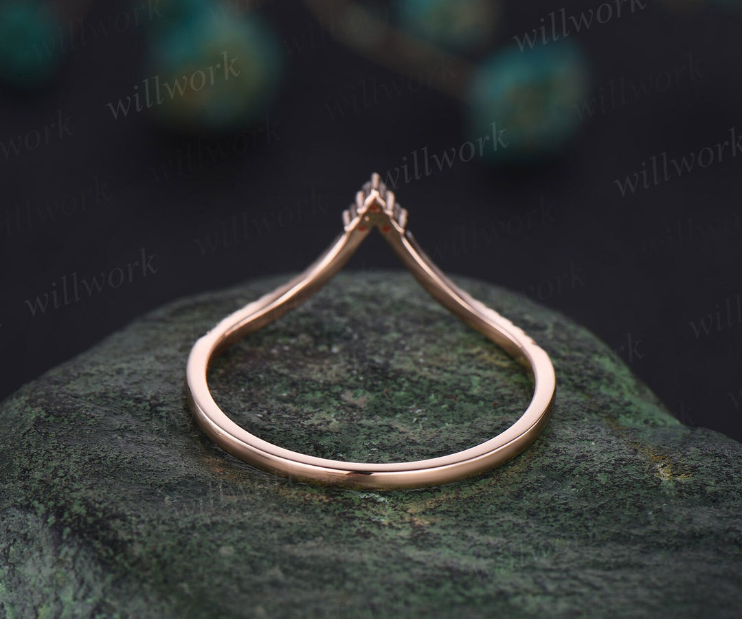 Unique Curved V shaped diamond wedding band solid 14k rose gold stacking half eternity moissanite wedding ring band anniversary ring women