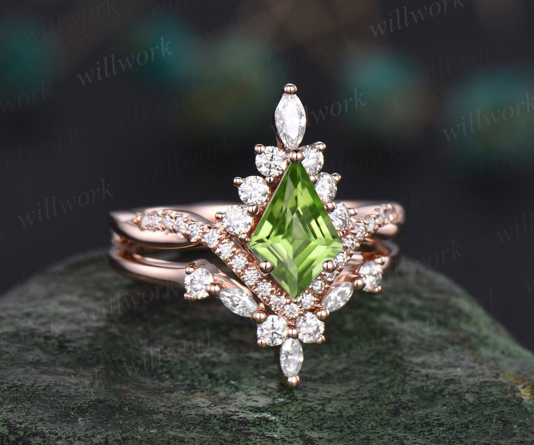Vintage kite cut peridot ring gold halo unique engagement ring set art deco curved twisted diamond promise bridal wedding ring set women