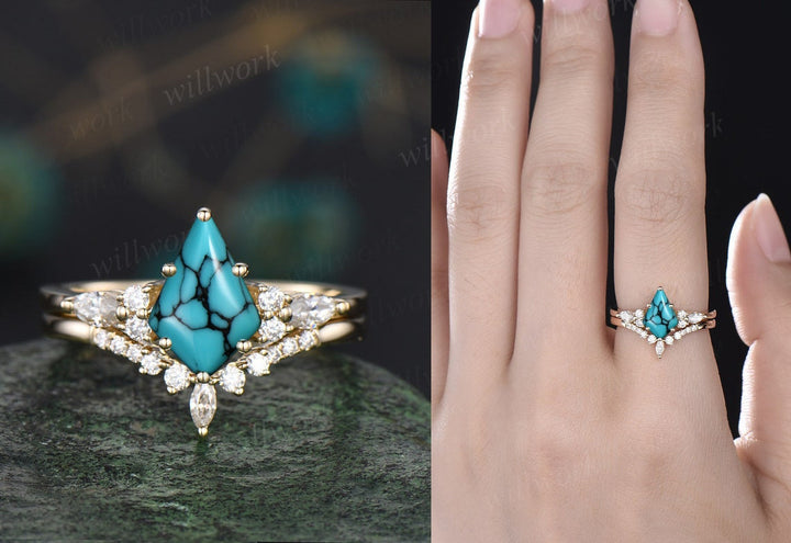 Vintage kite cut natural Turquoise engagement ring set 14k rose gold marquise cut diamond ring for women unique bridal wedding ring set gift
