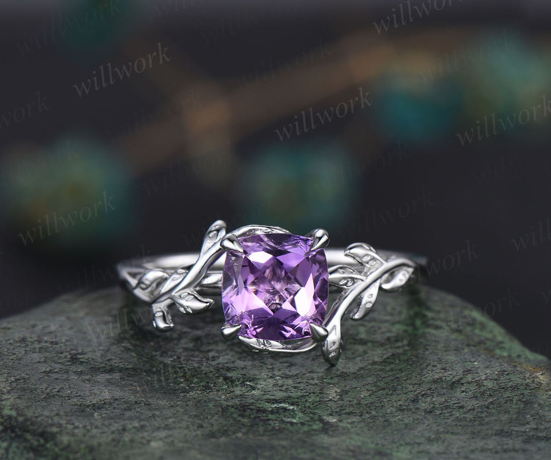 Cushion cut purple amethyst ring vintage unique nature inspired engagement ring leaf 14k rose gold ring art deco bridal wedding ring women